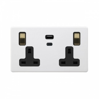 Primed Paintable 13A 2 Gang Super Fast Charge 45W USB A+C Socket with Brushed Brass Switch with Black Insert