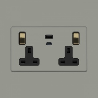 Primed Paintable 13A 2 Gang Super Fast Charge 45W USB A+C Socket with Brushed Brass Switch with Black Insert