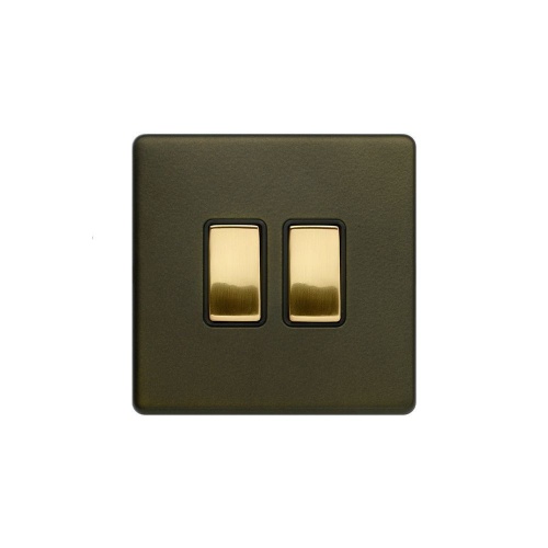 Bronze And Brushed Brass 10A 2 Gang 2 Way Switch Black Inserts Screwless