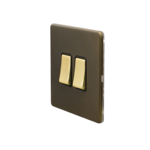 Bronze And Brushed Brass 10A 2 Gang 2 Way Switch Black Inserts Screwless