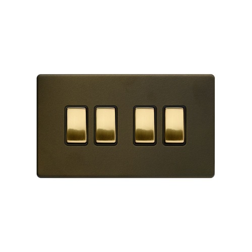 Bronze And Brushed Brass 10A 4 Gang 2 Way Switch Black Inserts Screwless