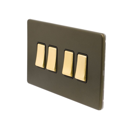 Bronze And Brushed Brass 10A 4 Gang 2 Way Switch Black Inserts Screwless