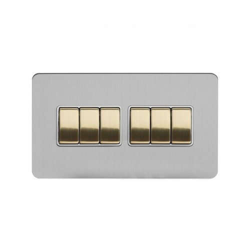 Brushed Chrome And Brushed Brass 10A 6 Gang 2 Way Switch White Inserts Screwless