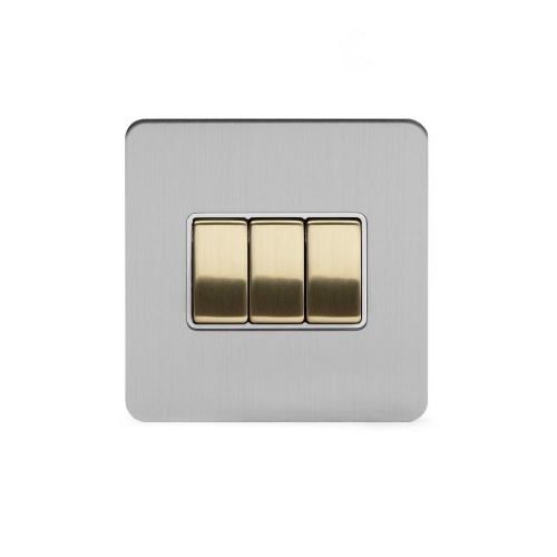 Brushed Chrome And Brushed Brass 10A 3 Gang Intermediate Switch White Inserts Screwless