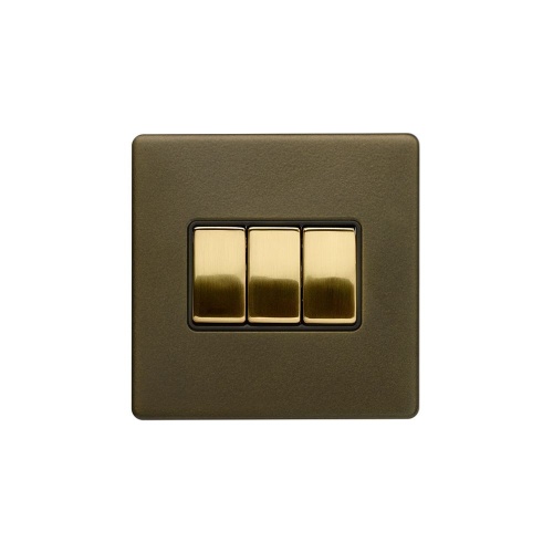 Bronze And Brushed Brass 10A 3 Gang Intermediate Switch Black Inserts Screwless