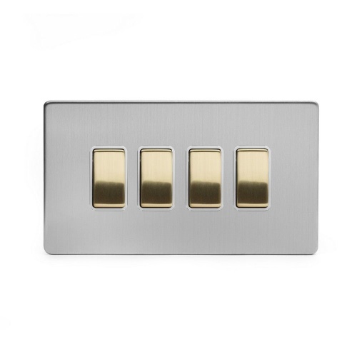 Brushed Chrome And Brushed Brass 10A 4 Gang Intermediate Switch White Inserts Screwless