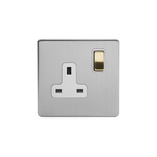 Brushed Chrome And Brushed Brass 13A 1 Gang Switched Socket, DP White Inserts Screwless