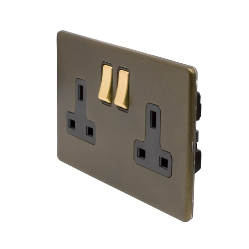 Bronze And Brushed Brass 13A 2 Gang Switched Socket, DP Black Inserts Screwless