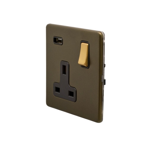 Bronze And Brushed Brass 13A 1 Gang DP USB Socket (USB 2.1amp) Black Inserts Screwless