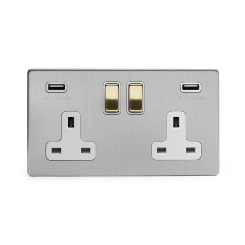 Brushed Chrome And Brushed Brass 13A 2 Gang DP USB Socket (USB 4.8amp) White Inserts Screwless