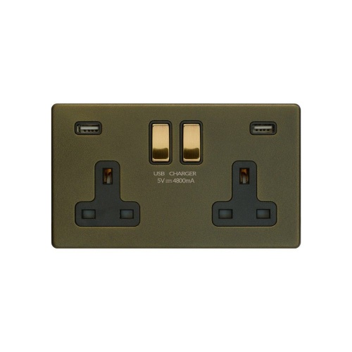 Bronze And Brushed Brass 13A 2 Gang DP USB Socket (USB 4.8amp) Black Inserts Screwless