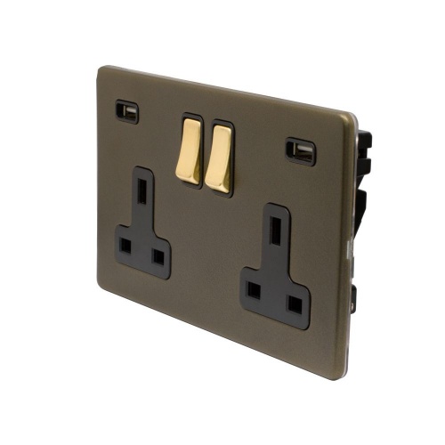 Bronze And Brushed Brass 13A 2 Gang DP USB Socket (USB 4.8amp) Black Inserts Screwless