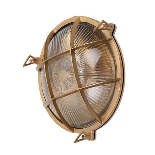 Carlisle Grid Prismatic Glass Polished Brass IP65 Bulkhead Wall Light