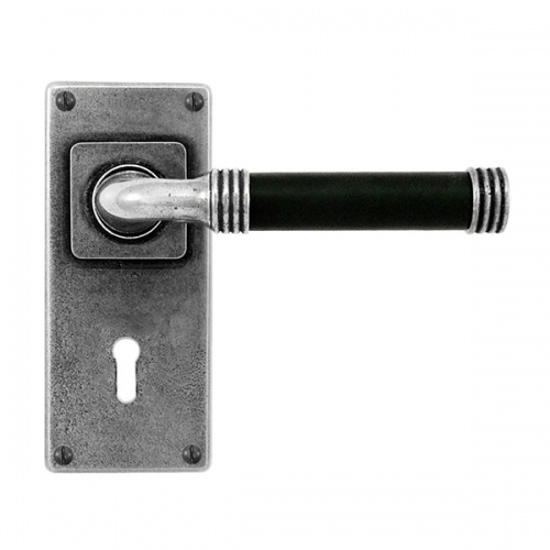 Finesse Jarrow Jesmond Pewter and Black Leather Door Handle on Backplate