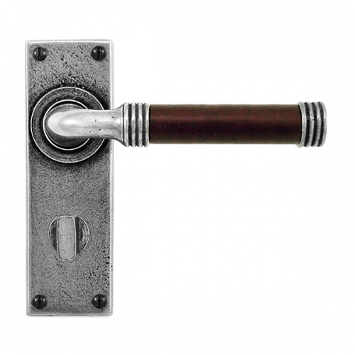 Finesse Jarrow Pewter and Chocolate Leather Door Handle on Backplate