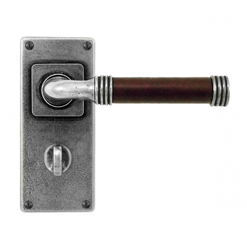 Finesse Jarrow Jesmond Pewter and Chocolate Leather Door Handle on Backplate