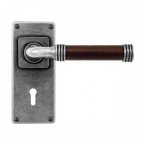 Finesse Jarrow Jesmond Pewter and Chocolate Leather Door Handle on Backplate