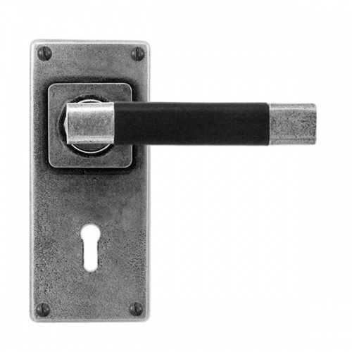 Finesse Jedburgh Jesmond Pewter and Black Leather Door Handle on Backplate