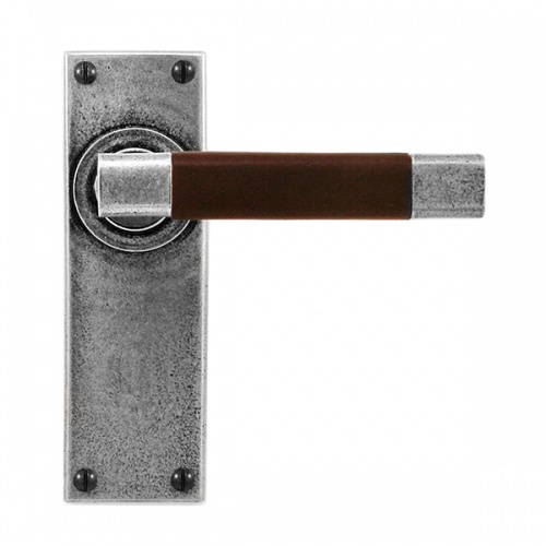 Finesse Jedburgh Pewter and Chocolate Leather Door Handle on Backplate