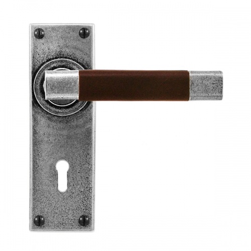 Finesse Jedburgh Pewter and Chocolate Leather Door Handle on Backplate