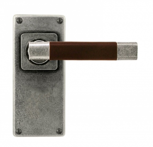 Finesse Jedburgh Jesmond Pewter and Chocolate Leather Door Handle on Backplate