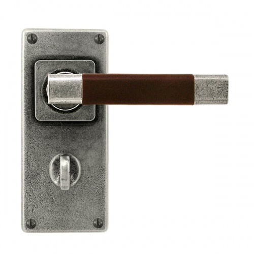 Finesse Jedburgh Jesmond Pewter and Chocolate Leather Door Handle on Backplate