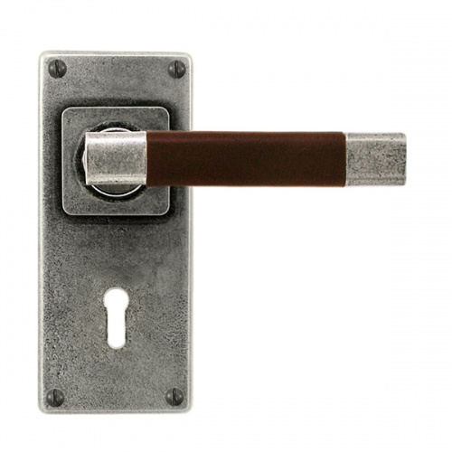 Finesse Jedburgh Jesmond Pewter and Chocolate Leather Door Handle on Backplate