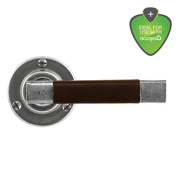 Finesse Jedburgh Pewter and Chocolate Leather Door Handle on Round Rose