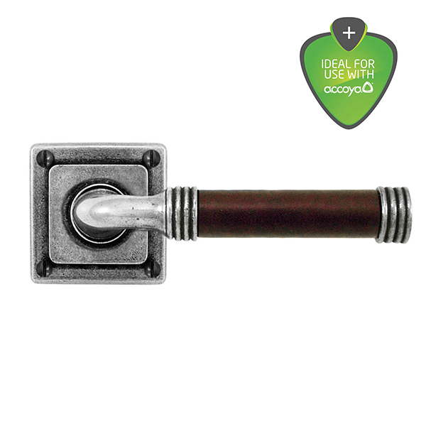 Finesse arrow Jesmond Pewter and Chocolate Leather Door Handle on Square Rose