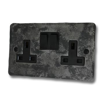 Flat Rustic Double Socket (Black Switches)