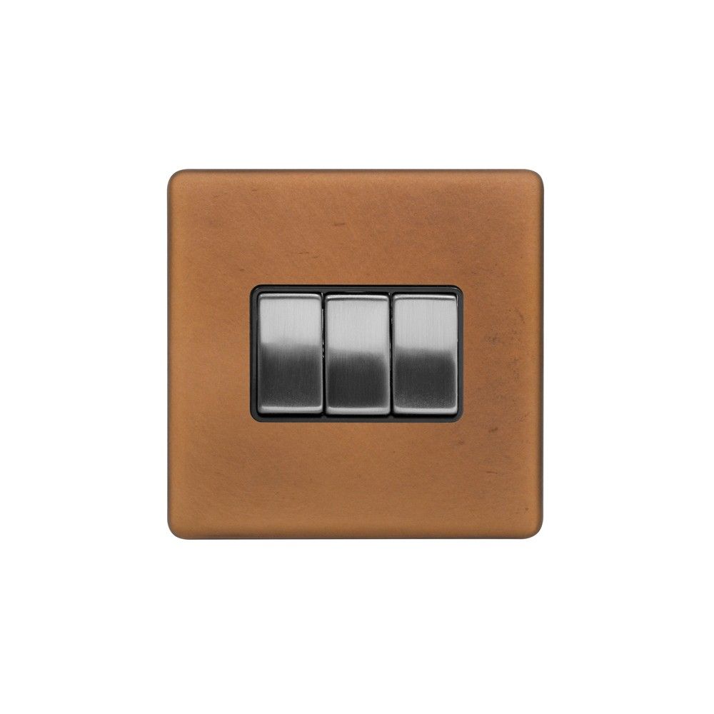 Fusion Antique Copper & Brushed Chrome 10A 3 Gang Intermediate Switch Black Insert Screwless