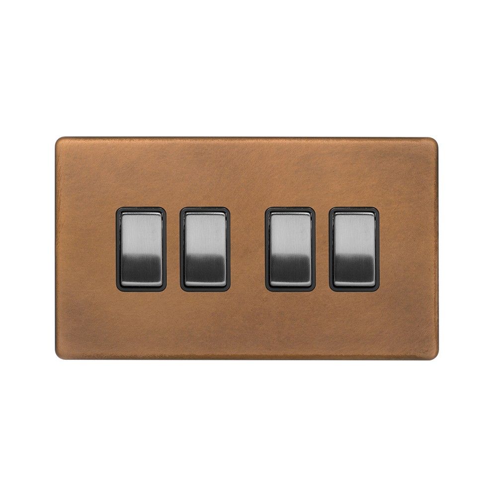 Fusion Antique Copper & Brushed Chrome 10A 4 Gang Intermediate Switch Black Insert Screwless