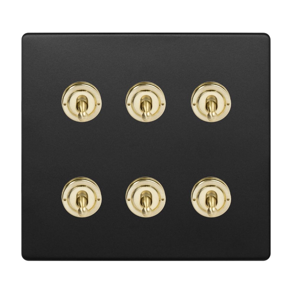 Fusion Matt Black & Brushed Brass 6 Gang Toggle Light Switch 20A 2 Way Screwless