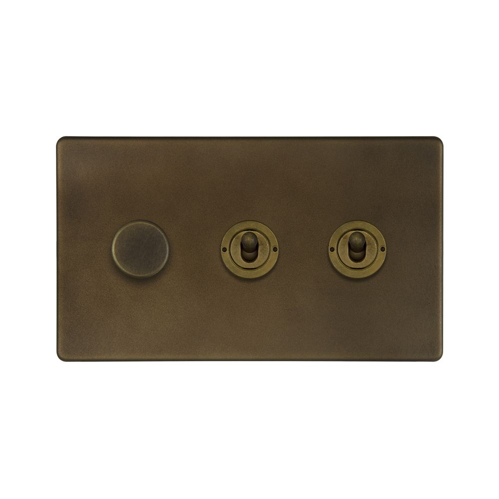 Vintage Brass 3 Gang Switch with 1 Dimmer (1x150W LED Dimmer 2x20A 2 Way Toggle)