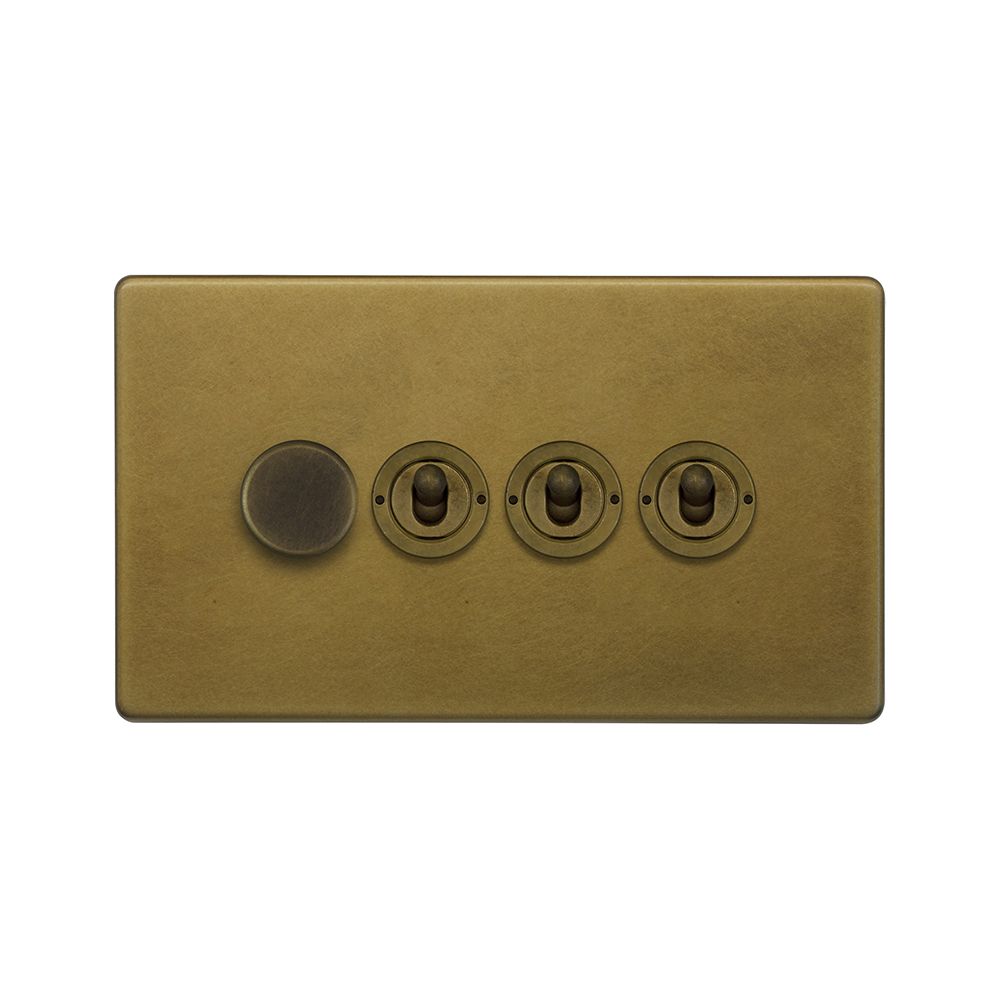 Old Brass 3 Gang Switch with 1 Dimmer (1x150W LED Dimmer 2x20A 2 Way Toggle)