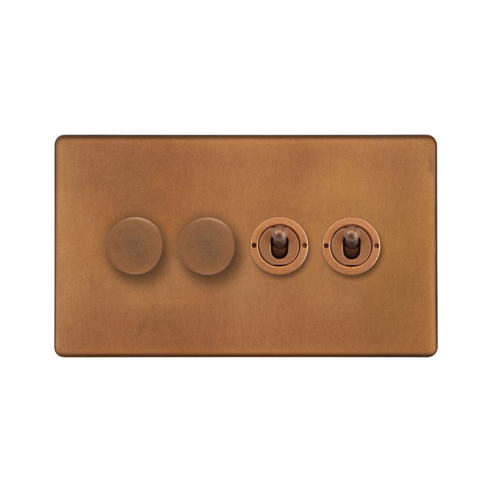 Antique Copper 4 Gang Switch with 2 Dimmers (2x150W LED Dimmer 2x20A 2 Way Toggle)