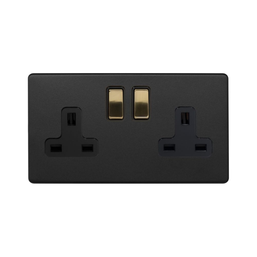 Fusion Matt Black & Brushed Brass 13A 2 Gang Switched Socket, DP Black Insert Screwless