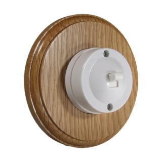 Bakelite Push to Make 1G White Dolly Switch on a Round Light Oak Base