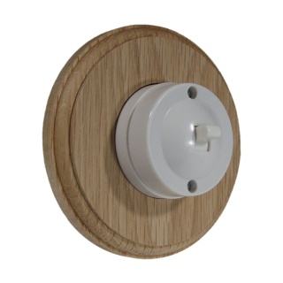 1G Push to Make Bakelite White Dolly Switch on a Round Unfinished Oak Base