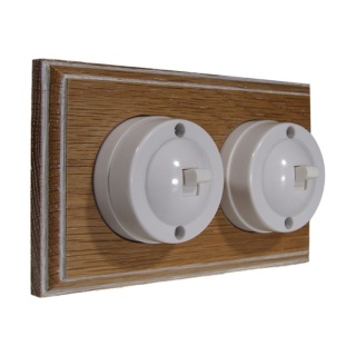 2 Gang 1 or 2 way Horizontal Bakelite Switch White Dolly On A Limed Oak Base