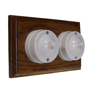 2 Gang 1 or 2 way Horizontal Bakelite Switch White Dolly On A Medium Oak Base