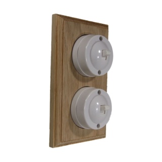 2 Gang 1 or 2way Vertical Bakelite Switch, White Dolly On an Unfinished Oak Base