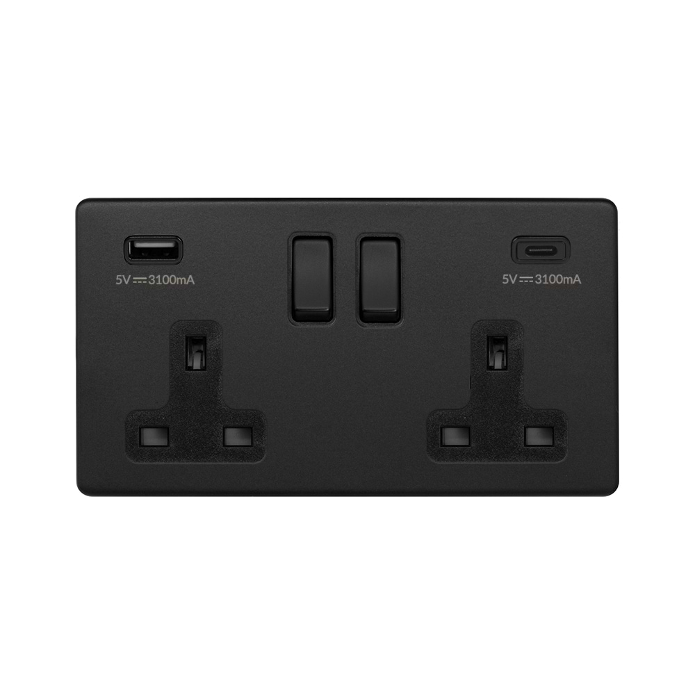 Matt Black 2 Gang USB A&C Socket (13A Socket + 2 USB Ports A&C 3.1A)