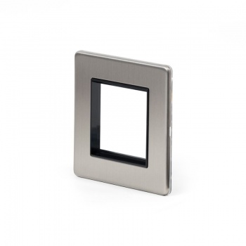 Brushed Chrome  Single Data Plate 2 Modules Black Insert - Satin Steel - Sockets & Switches