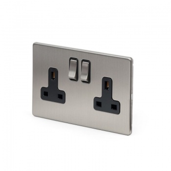 Brushed Chrome 2 Gang Double Pole Socket Black Insert 13A - Satin Steel - Sockets & Switches