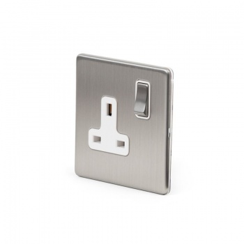 Brushed Chrome 1 Gang Double Pole Socket White Insert Single 13A - Satin Steel - Sockets & Switches