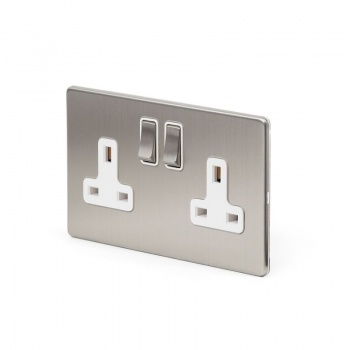 Brushed Chrome 2 Gang Double Pole Socket White Insert 13A