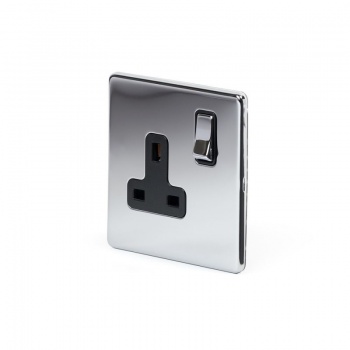 Polished Chrome Luxury 1 Gang Double Pole Socket Black Insert Single 13A - Bright Chrome - Sockets & Switches