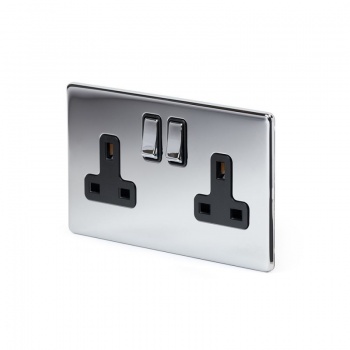 Polished Chrome Luxury 2 Gang Double Pole Socket Black Insert 13A - Bright Chrome - Sockets & Switches