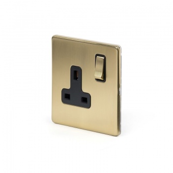 Brushed Brass Period 1 Gang Double Pole Socket Black Insert Single 13A